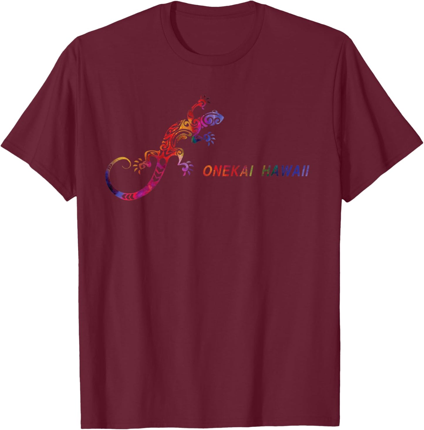 Onekai Hawaii Rainbow Colored Gecko Beach and Surf T-Shirt - T-Shirt | Maroon