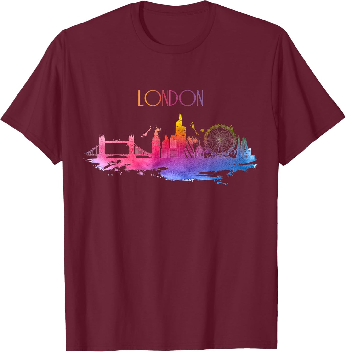 London Skyline Watercolor Art UK England Souvenir Gift T-Shirt - T-Shirt | Maroon