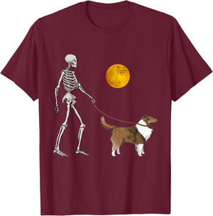 Shetland Sheepdog Skeleton Dog Walking Halloween Costume T-Shirt - T-Shirt | Maroon