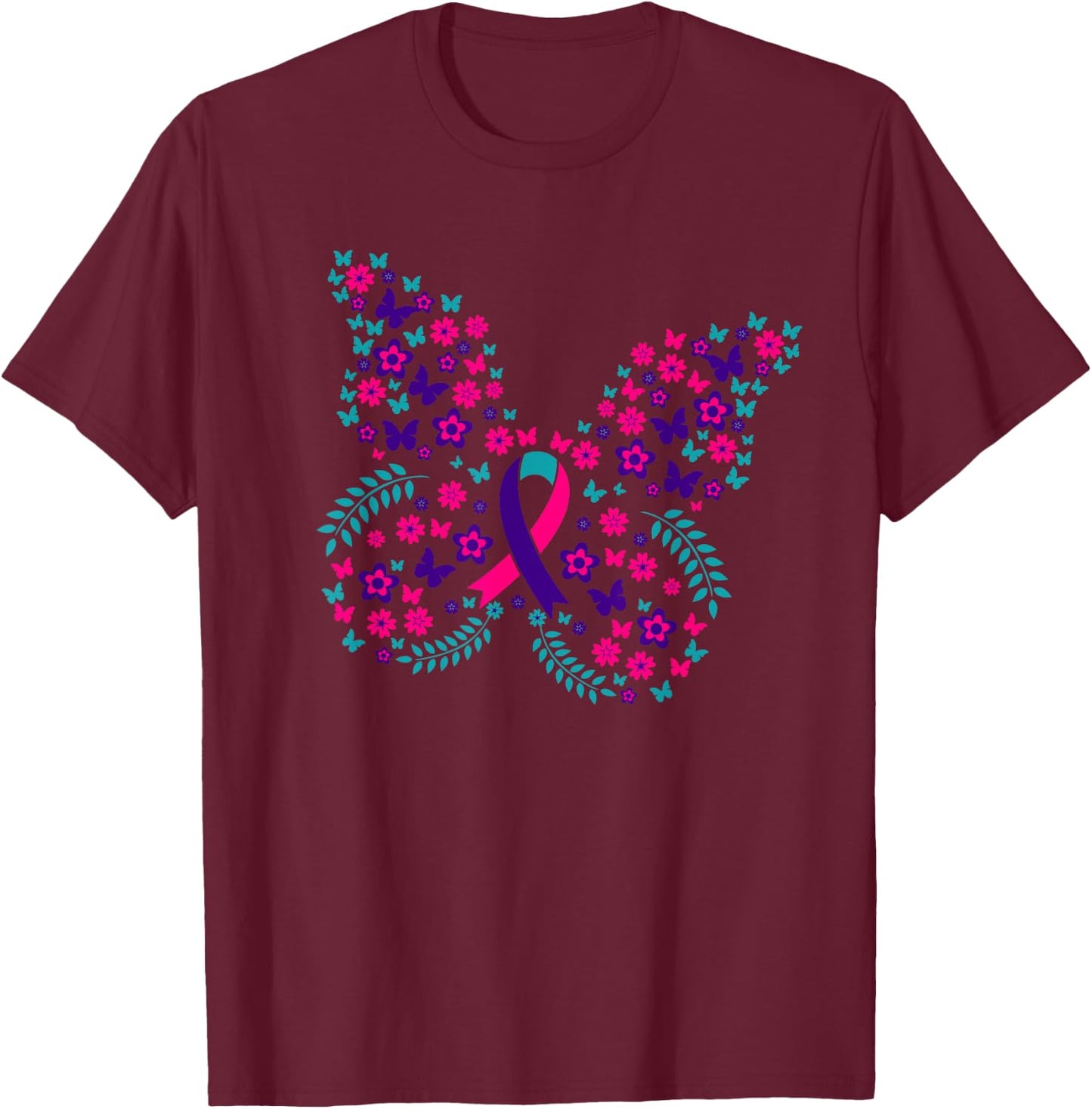 Flower Butterfly Thyroid Cancer Awareness Ribbon Gifts T-Shirt - T-Shirt | Maroon