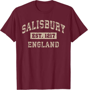 Salisbury England UK Est. Year Athletic Beige Distressed T-Shirt - T-Shirt | Maroon
