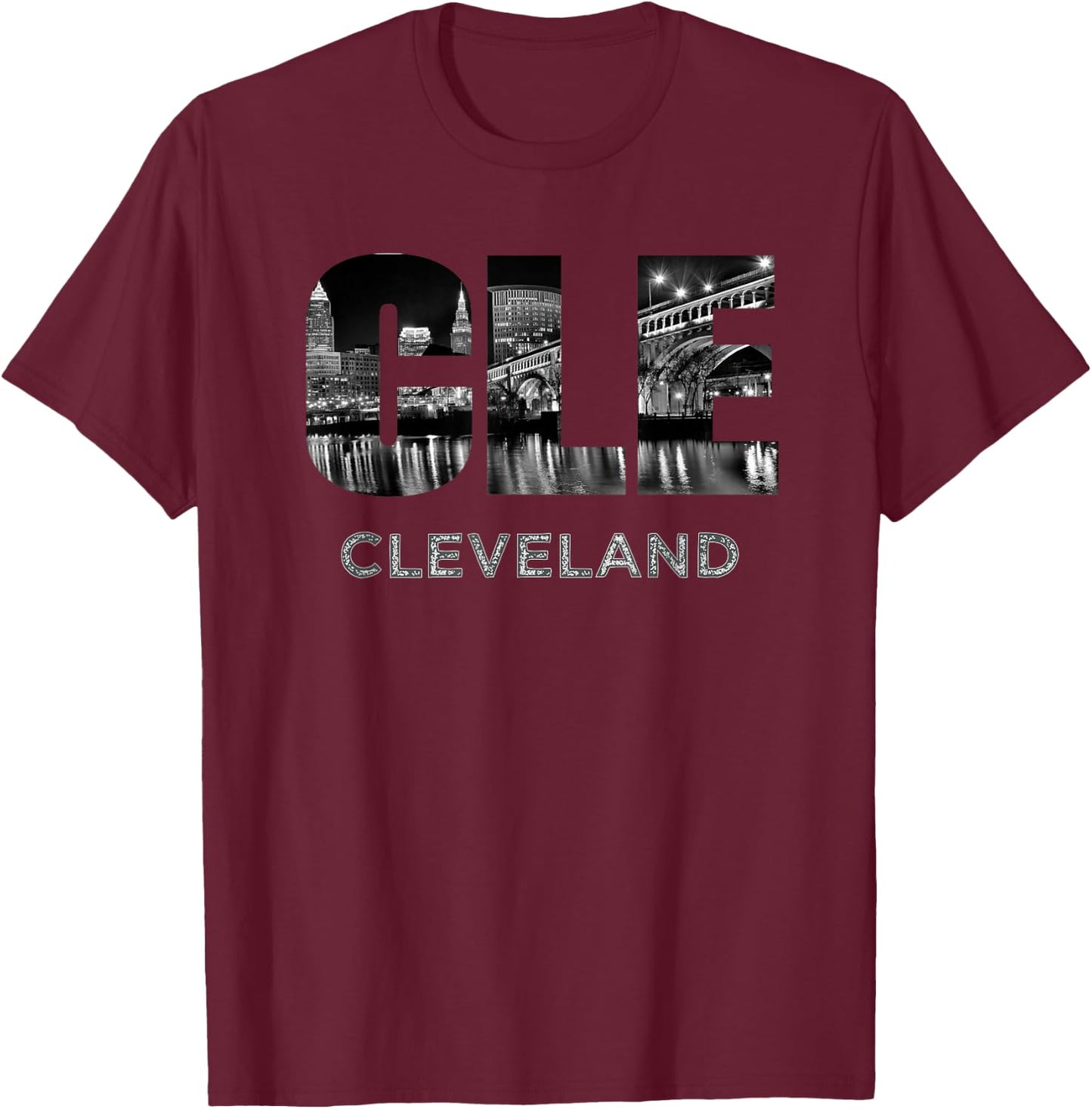 CLE The Land Night Downtown Cleveland Skyline Art Ohio Gifts T-Shirt - T-Shirt | Maroon
