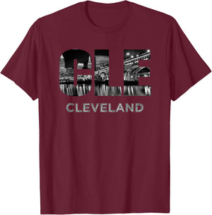 CLE The Land Night Downtown Cleveland Skyline Art Ohio Gifts T-Shirt - T-Shirt | Maroon
