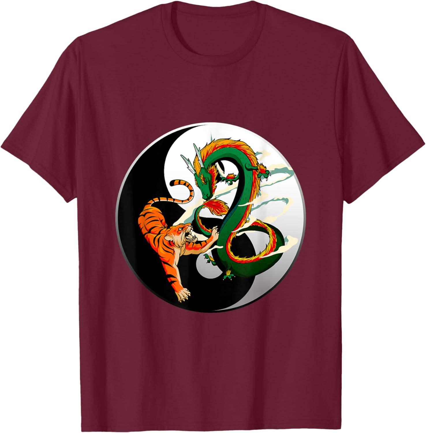 Yin Yang Dragon Tiger T-Shirt - T-Shirt | Maroon