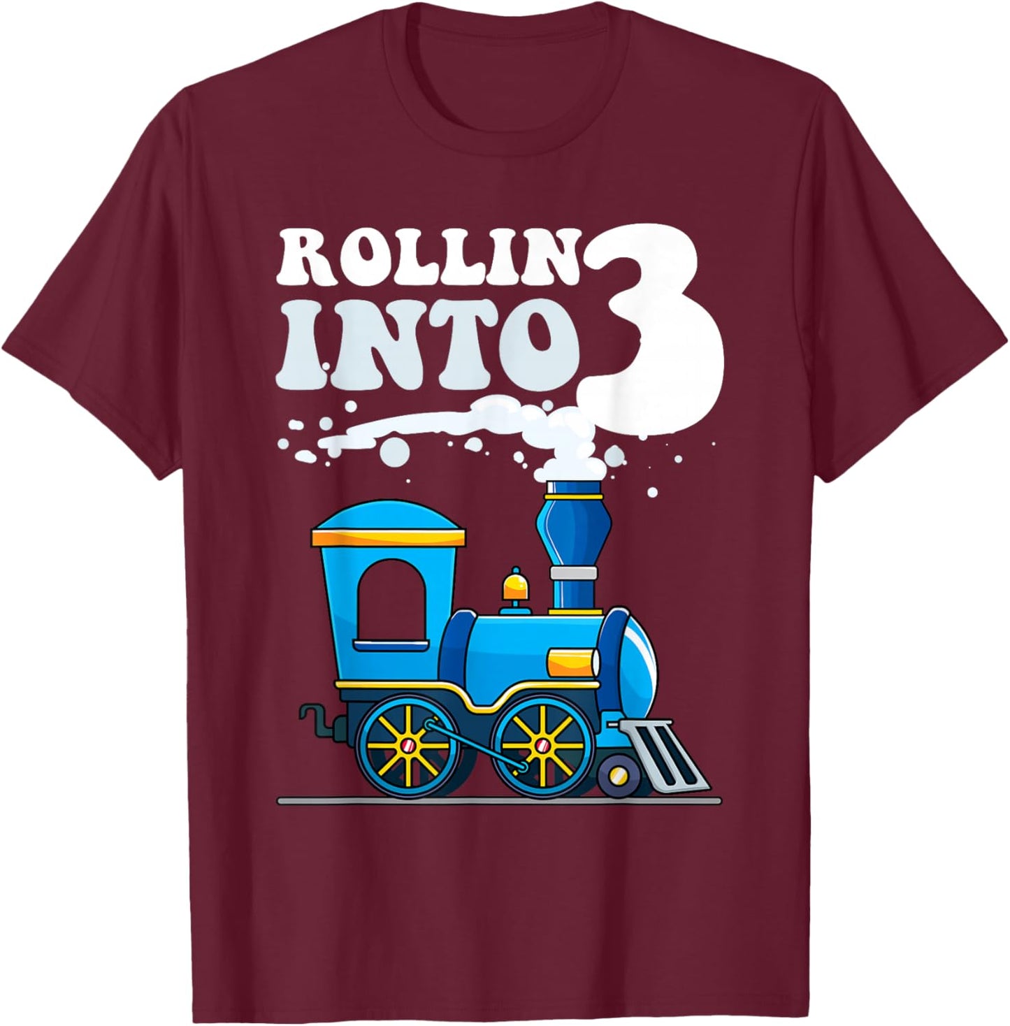 Rollin' Into 3 Train 3rd Birthday Party Three Years Old Boys T-Shirt - T-Shirt | Maroon