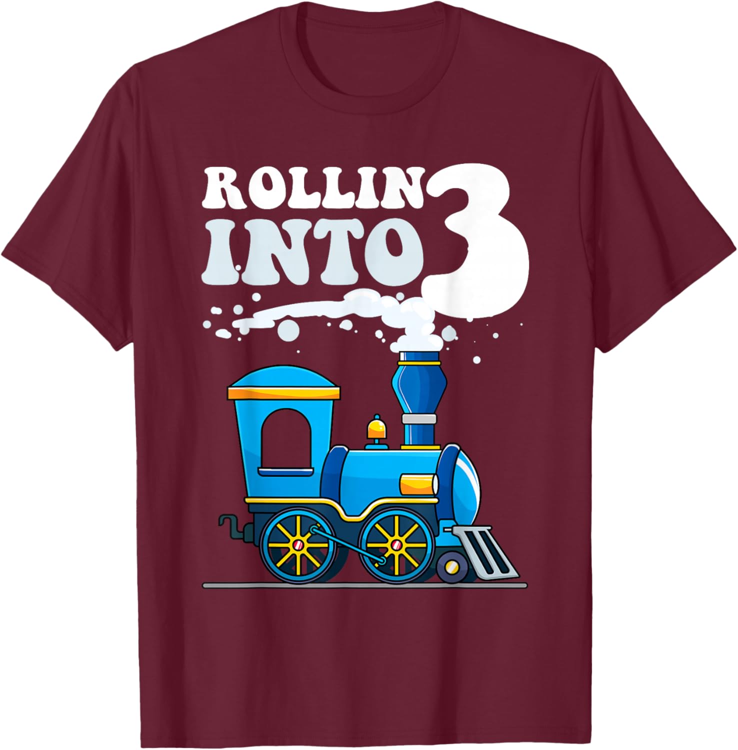 Rollin' Into 3 Train 3rd Birthday Party Three Years Old Boys T-Shirt - T-Shirt | Maroon