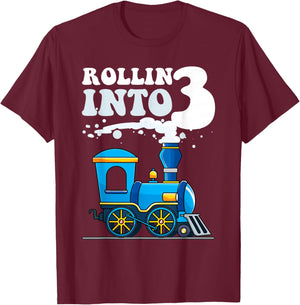 Rollin' Into 3 Train 3rd Birthday Party Three Years Old Boys T-Shirt - T-Shirt | Maroon