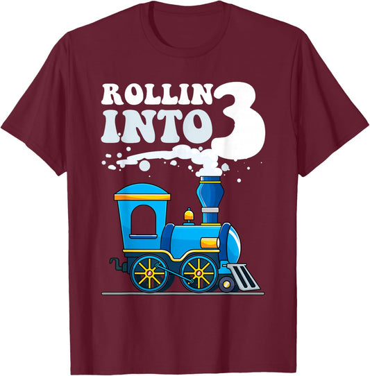 Rollin' Into 3 Train 3rd Birthday Party Three Years Old Boys T-Shirt - T-Shirt | Maroon