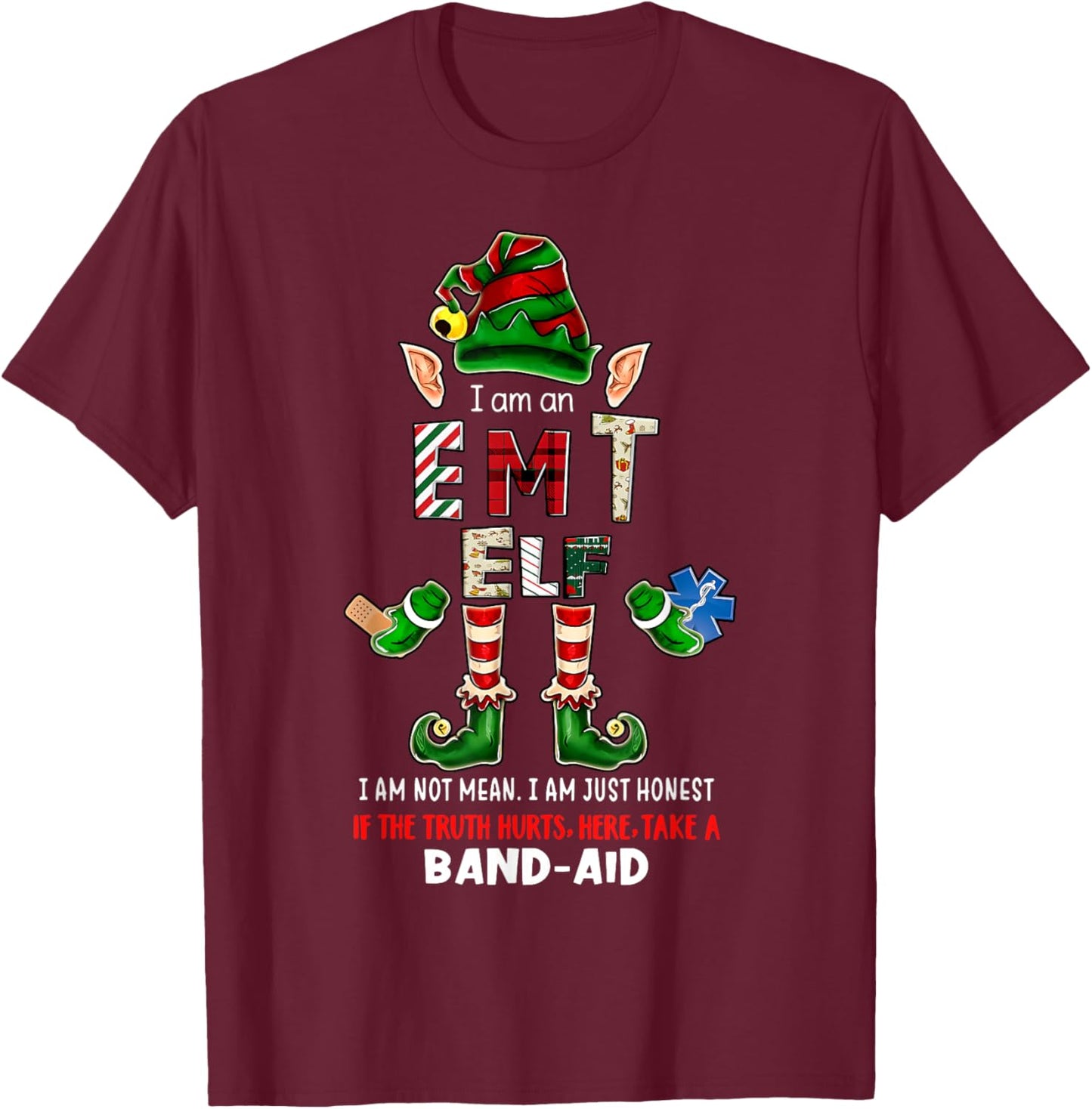 EMT Elf Paramedic Christmas Emergency Medical Nurse T-Shirt - T-Shirt | Maroon
