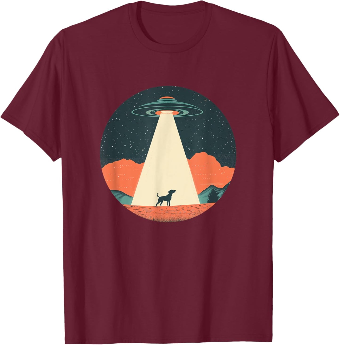 Funny UFO Beaming a Dog Up for Cosmic Fun T-Shirt - T-Shirt | Maroon