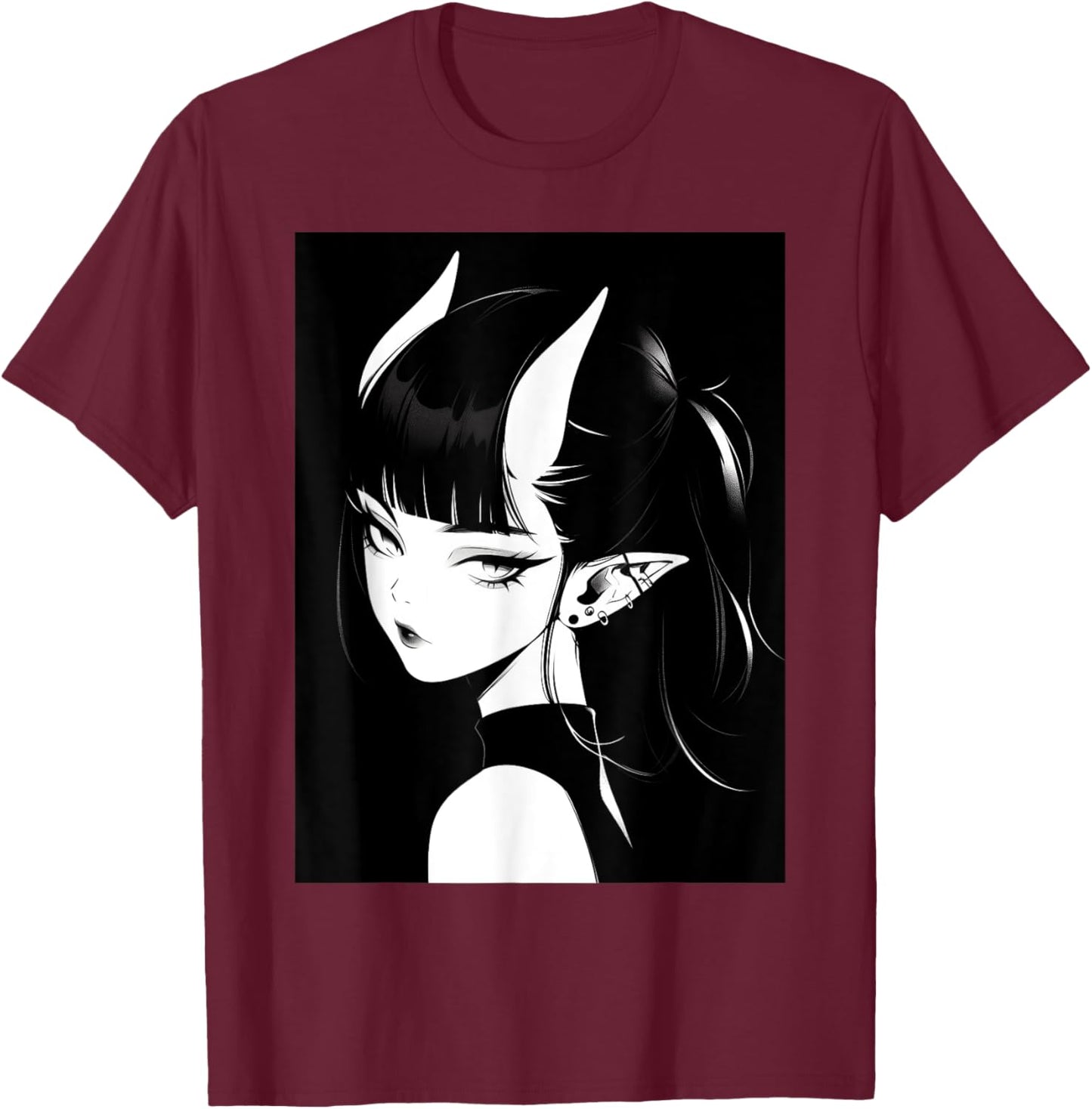 Anime Girl Horns Soft Grunge Waifu Gothic Girl T-Shirt - T-Shirt | Maroon
