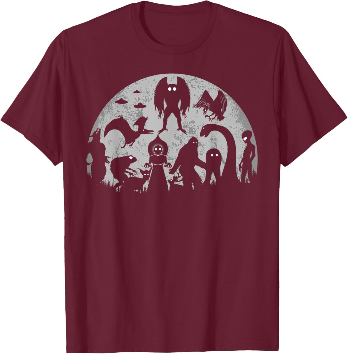 Bigfoot Loch Ness Monster Mothman And Aliens Funny Cryptid T-Shirt - T-Shirt | Maroon