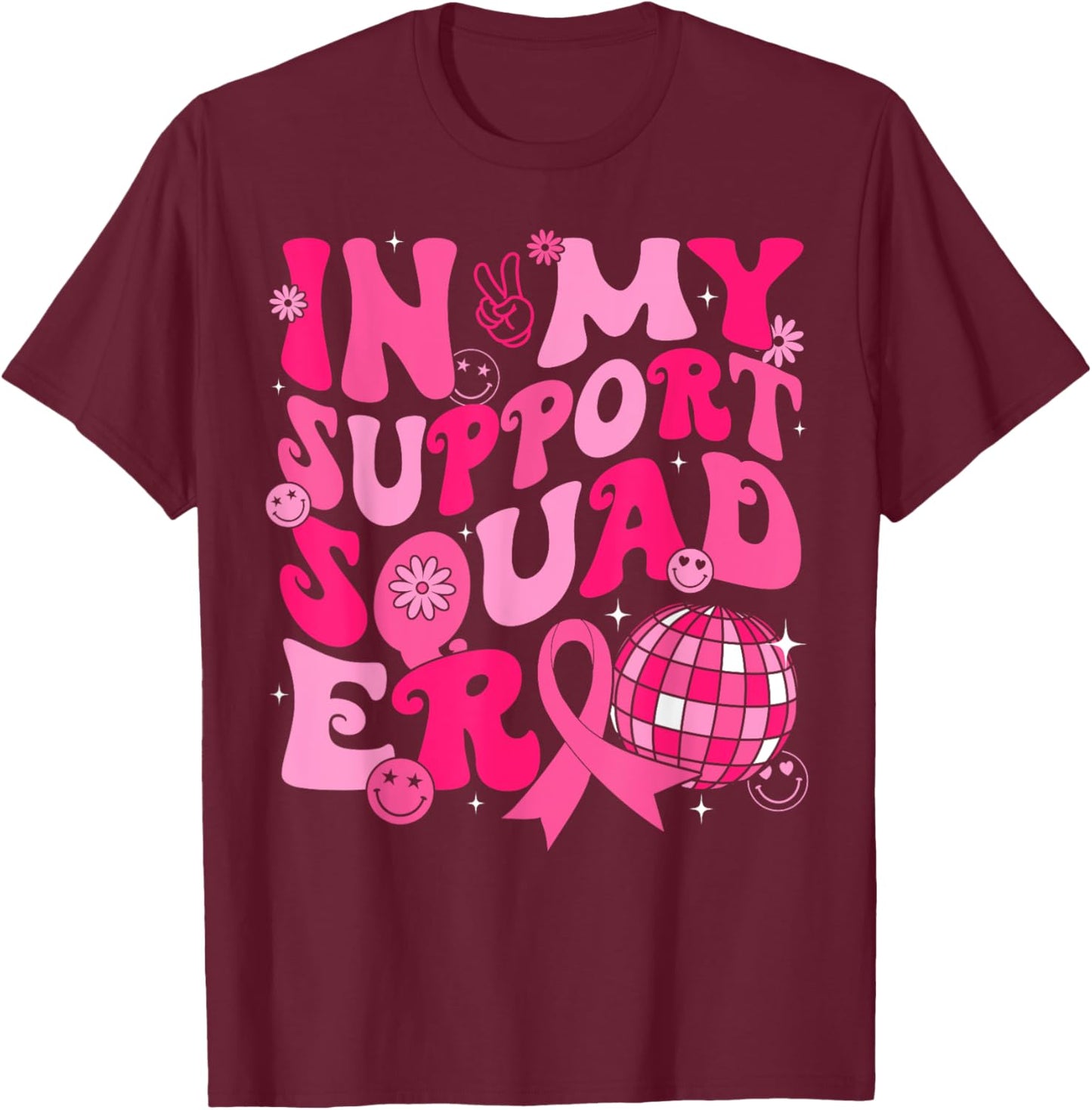 In My Support Squad Era Groovy Breast Cancer Awareness T-Shirt - T-Shirt | Maroon