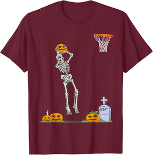 Funny Skeleton Basketball Halloween Pumpkin T-Shirt - T-Shirt | Maroon