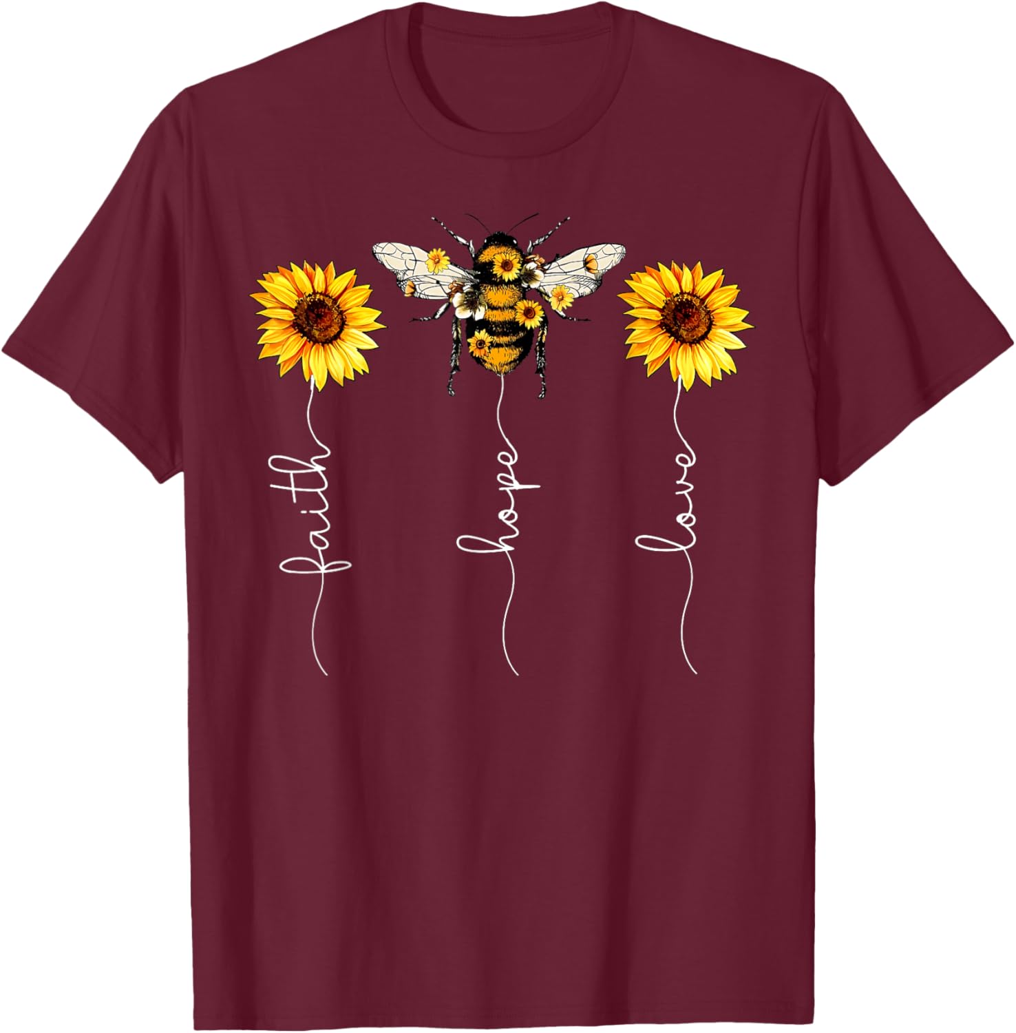 Faith Hope Love Sunflower Bee Jesus Christian Bible Verse T-Shirt - T-Shirt | Maroon