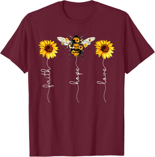 Faith Hope Love Sunflower Bee Jesus Christian Bible Verse T-Shirt - T-Shirt | Maroon
