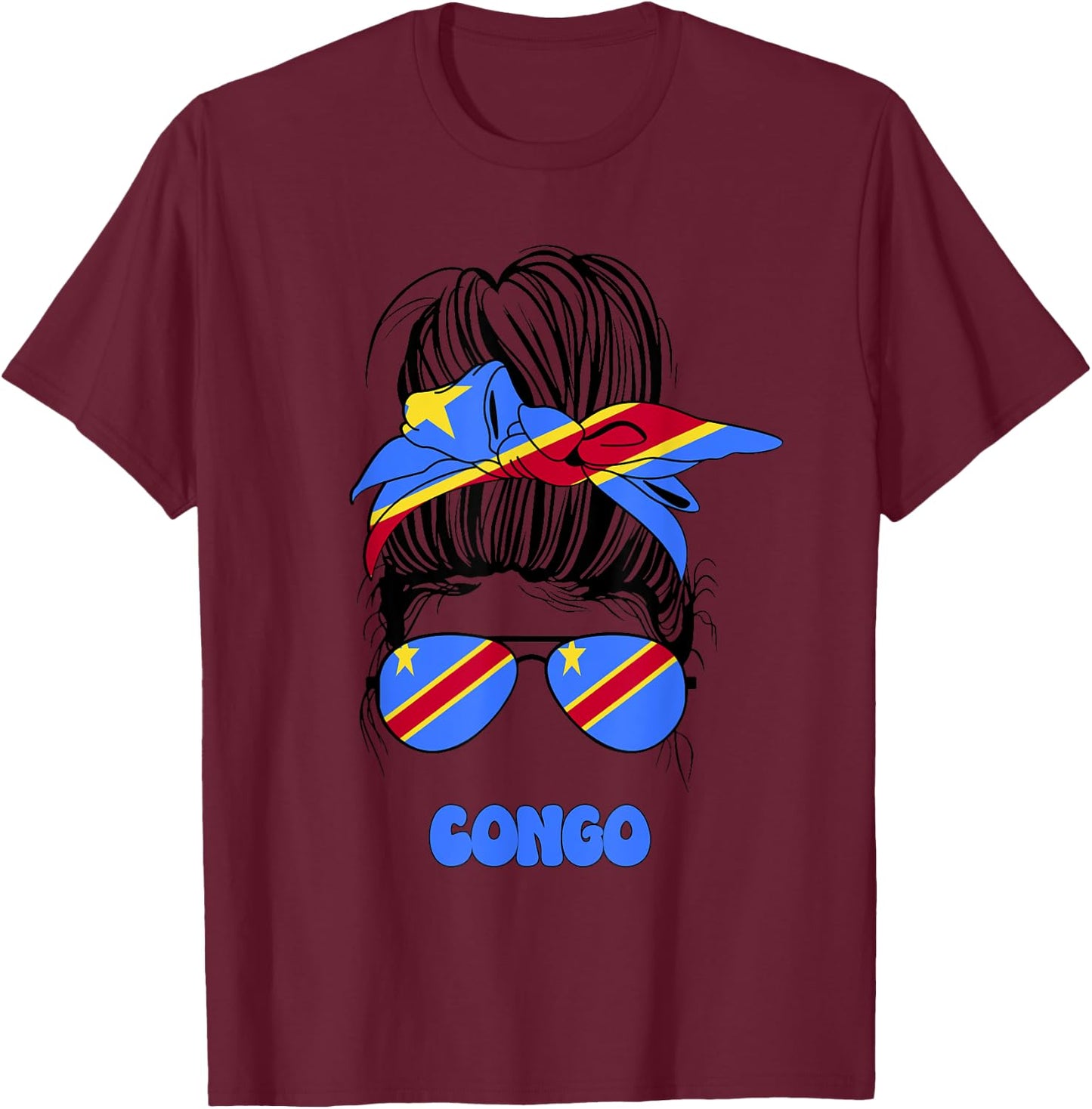 Congolese Women Messy Bun, Proud Congo Flag For Girls T-Shirt - T-Shirt | Maroon