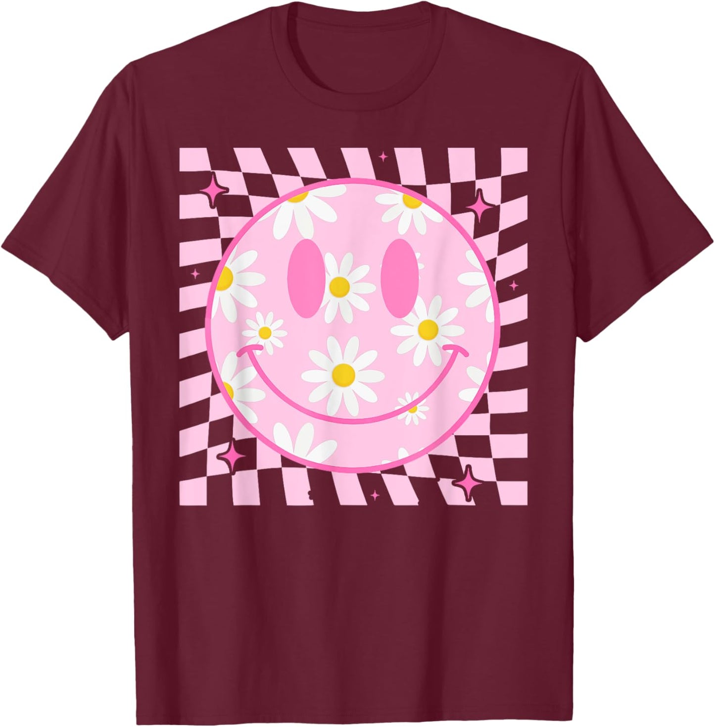 Retro Happy Smile Face Checkered Pattern Pink Daisy Flower T-Shirt - T-Shirt | Maroon