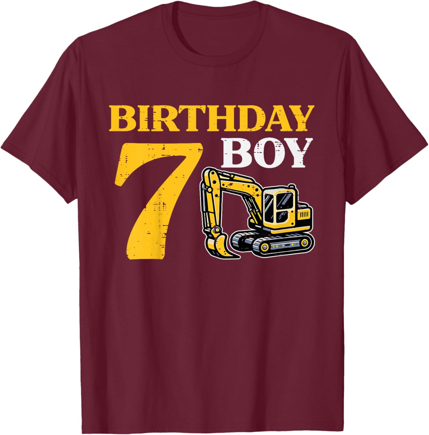 Kids 7th Birthday Boy Excavator 7 Construction Bday Boys Kids T-Shirt - T-Shirt | Maroon