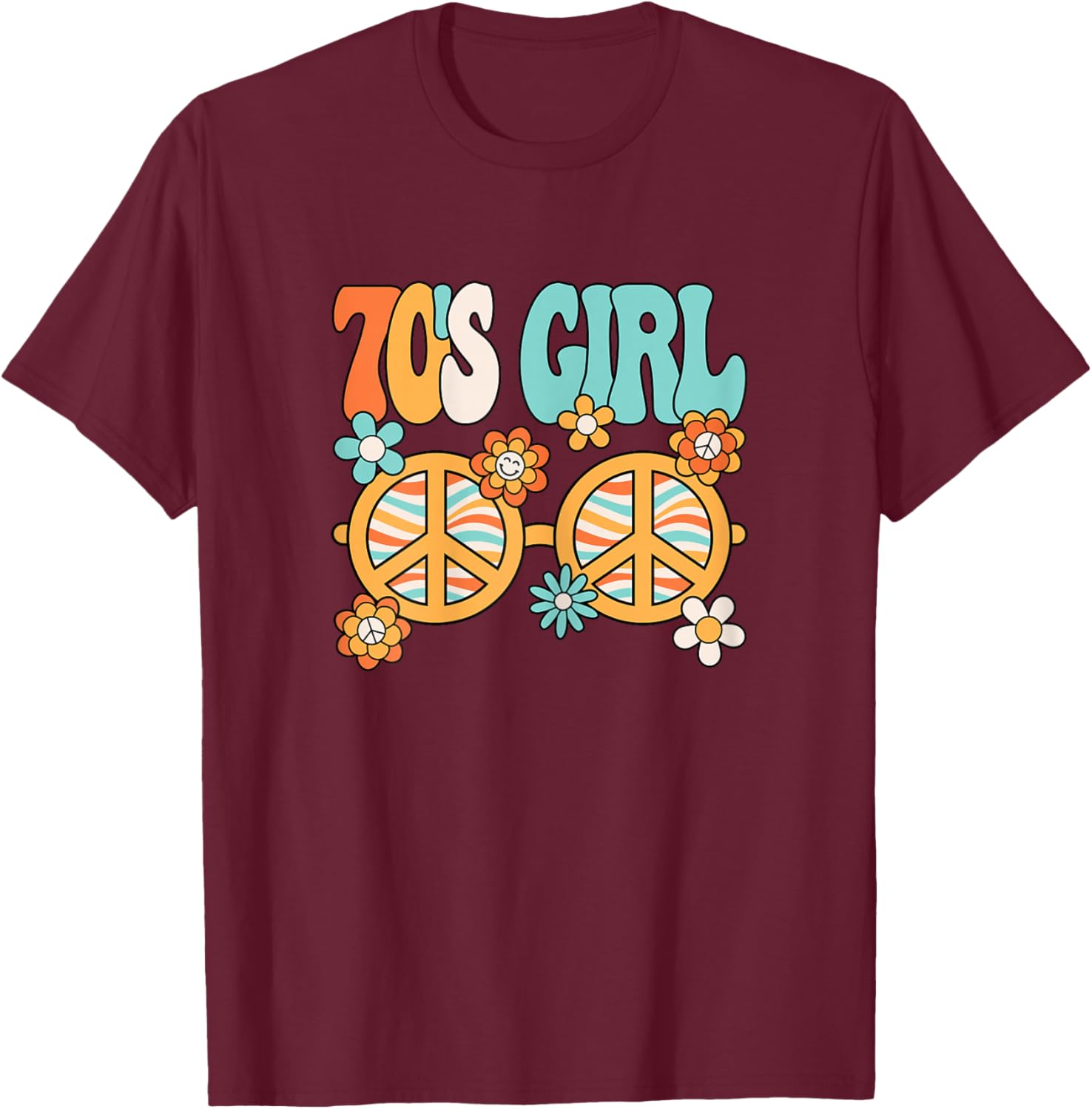 70's Girl 1970s Peace Hippie Disco Party Outfit Groovy Women T-Shirt - T-Shirt | Maroon