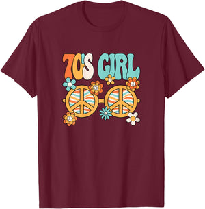 70's Girl 1970s Peace Hippie Disco Party Outfit Groovy Women T-Shirt - T-Shirt | Maroon