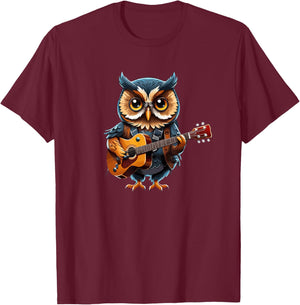 Owl playing Acoustic Guitar, Owl Guitarist T-Shirt - T-Shirt | Maroon