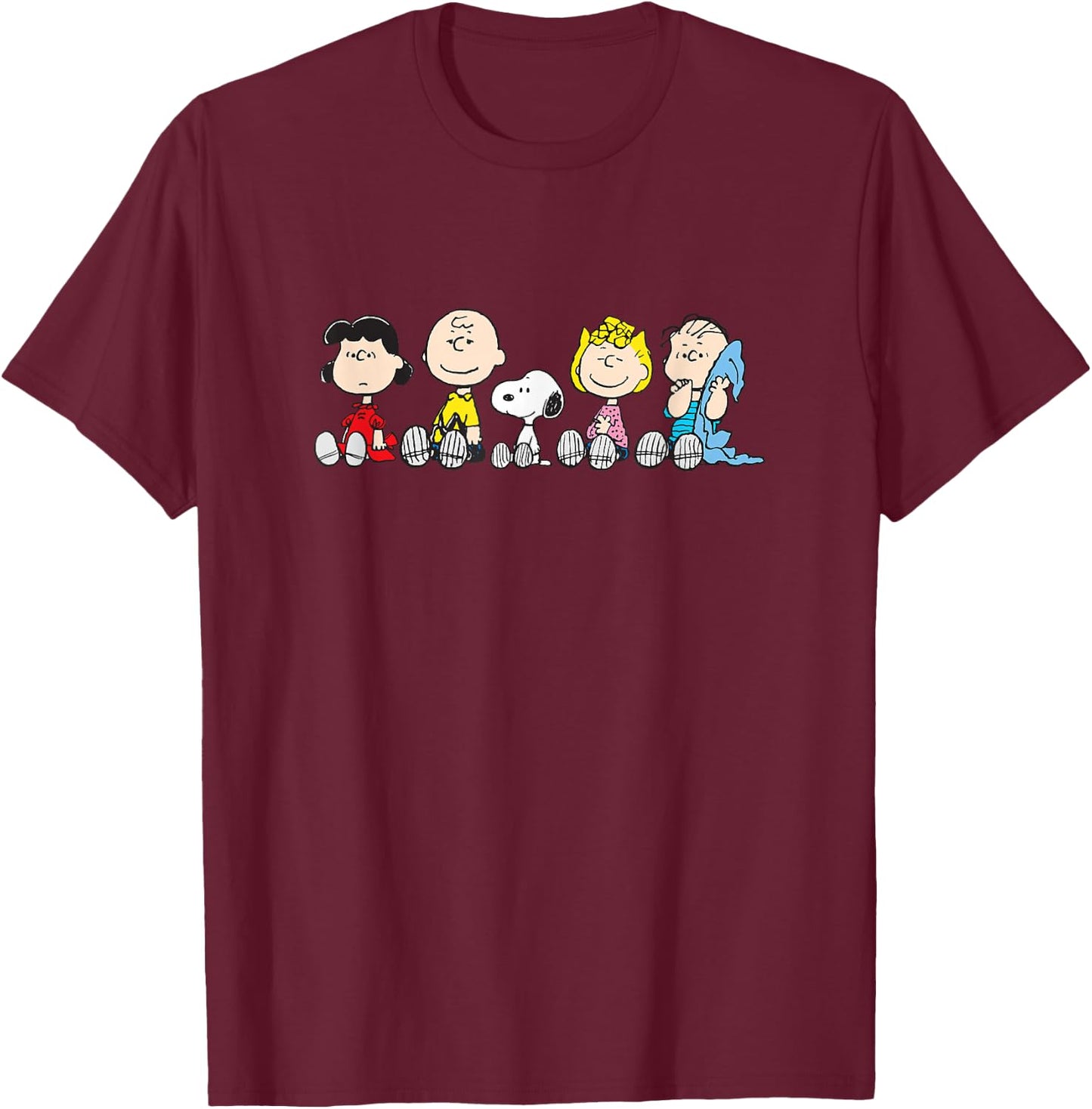 Peanuts : The Gang Sit Down - -Adults/Kids, Blue, Short Sleeve, Small, Classic Fit T-Shirt - T-Shirt | Maroon