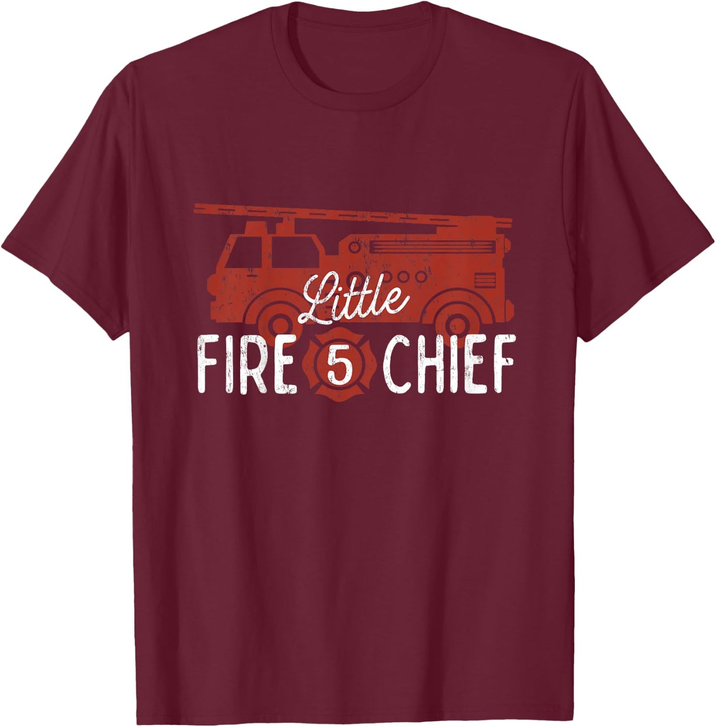 Kids 5th Birthday Firetruck Shirt, Boys 5 Year Old Fireman Party T-Shirt - T-Shirt | Maroon