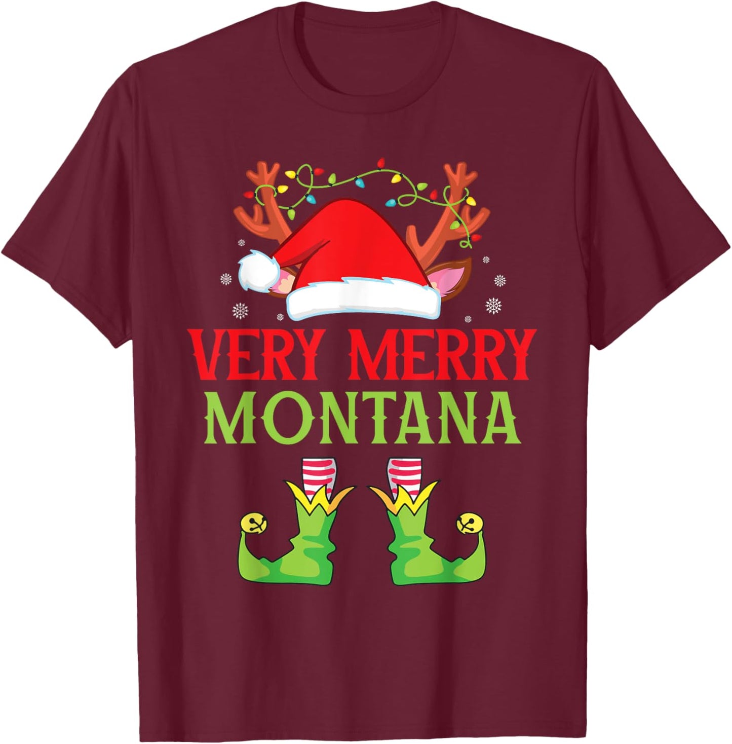 Festive Christmas Elf & Santa Claus Very Merry in MONTANA T-Shirt - T-Shirt | Maroon