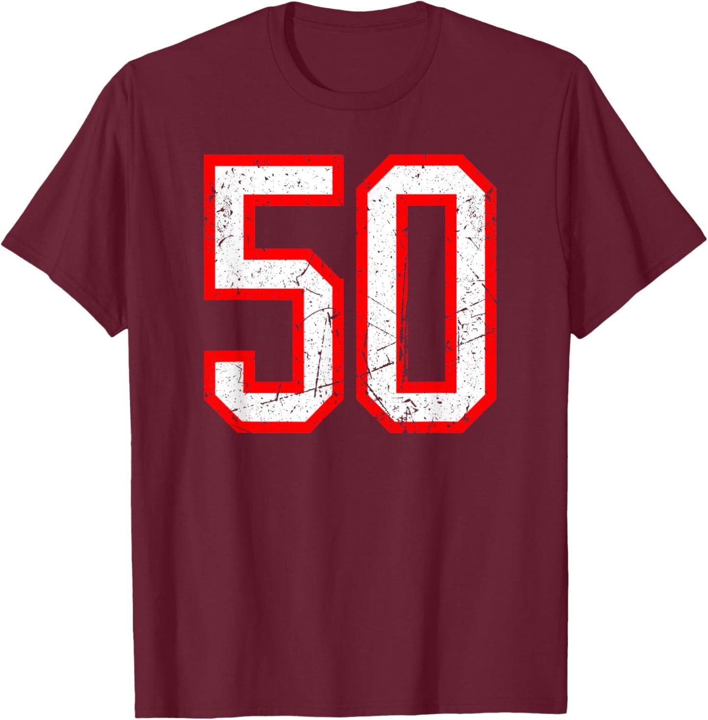 Number #50 White Red Distressed Sport Jersey Lucky Number 50 T-Shirt - T-Shirt | Maroon