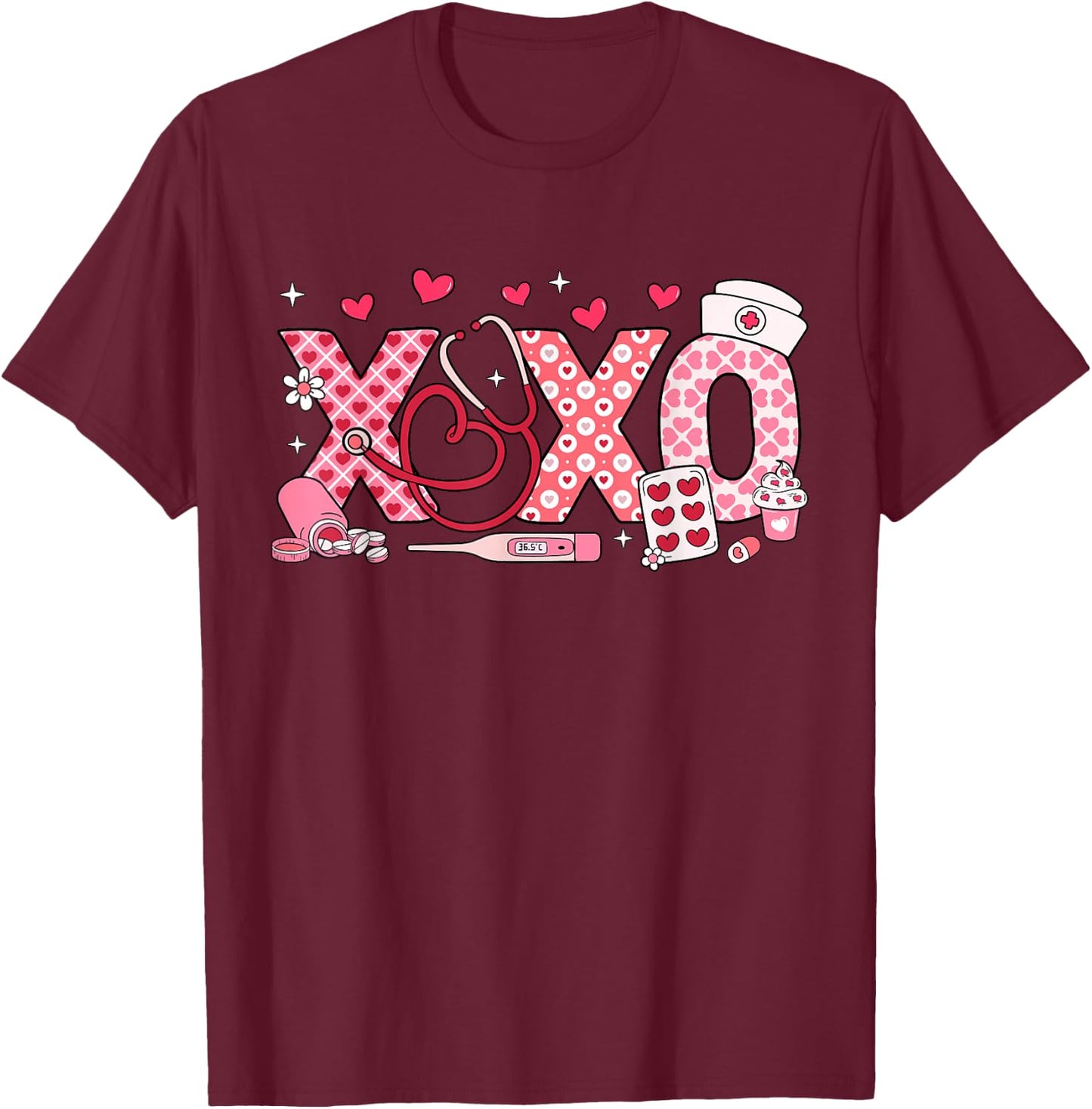 XOXO Nurse Valentines Day Stethoscope Valentine For Nurse T-Shirt - T-Shirt | Maroon