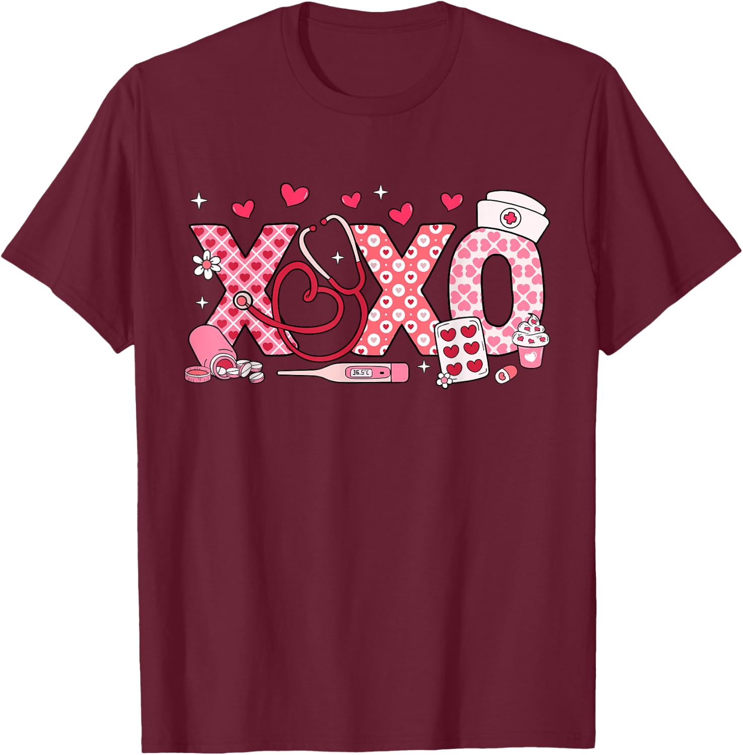 XOXO Nurse Valentines Day Stethoscope Valentine For Nurse T-Shirt - T-Shirt | Maroon