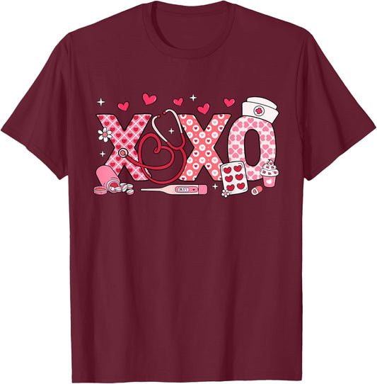 XOXO Nurse Valentines Day Stethoscope Valentine For Nurse T-Shirt - T-Shirt | Maroon