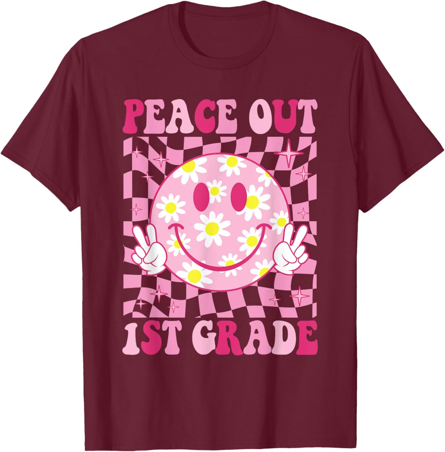Peace Out 1st Grade Groovy Last Day of 1st Grade Graduation T-Shirt - T-Shirt | Maroon
