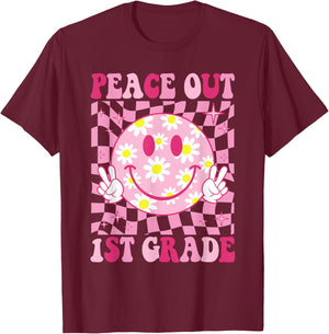 Peace Out 1st Grade Groovy Last Day of 1st Grade Graduation T-Shirt - T-Shirt | Maroon
