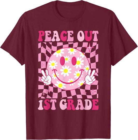 Peace Out 1st Grade Groovy Last Day of 1st Grade Graduation T-Shirt - T-Shirt | Maroon