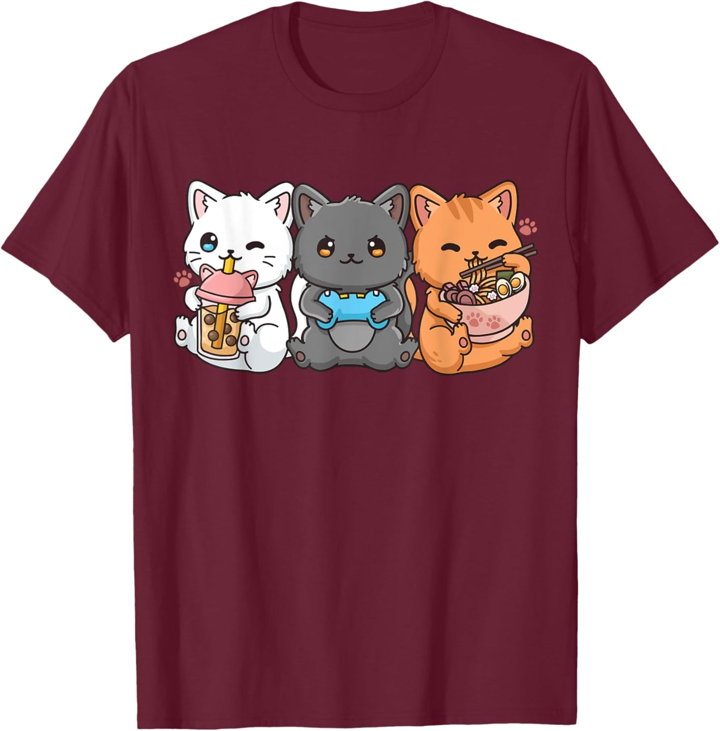 Anime Boba Tea Bubble Tea Gaming Gamer Ramen Cat Small T-Shirt - T-Shirt | Maroon