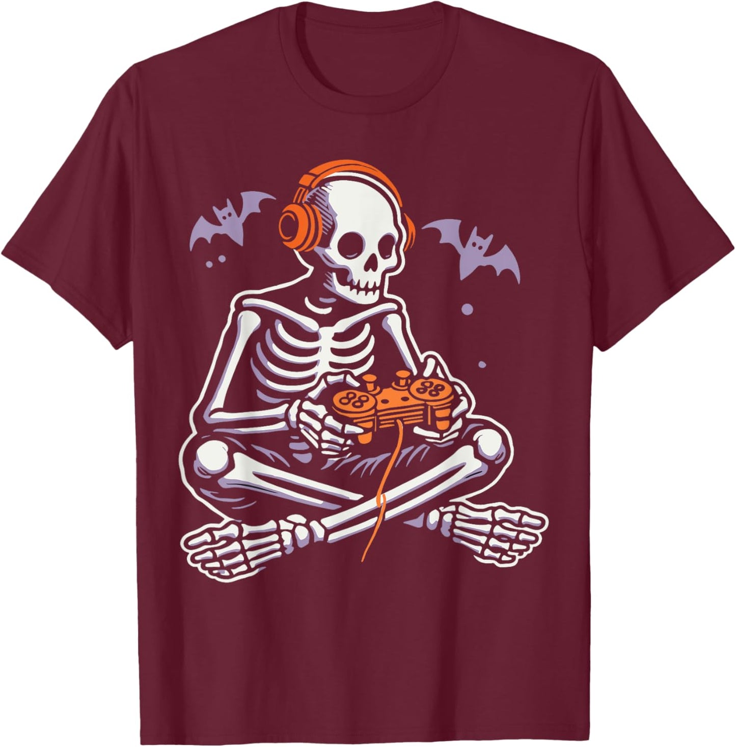 Spooky Skeleton Playing Video Games, Halloween Day Gamer T-Shirt - T-Shirt | Maroon