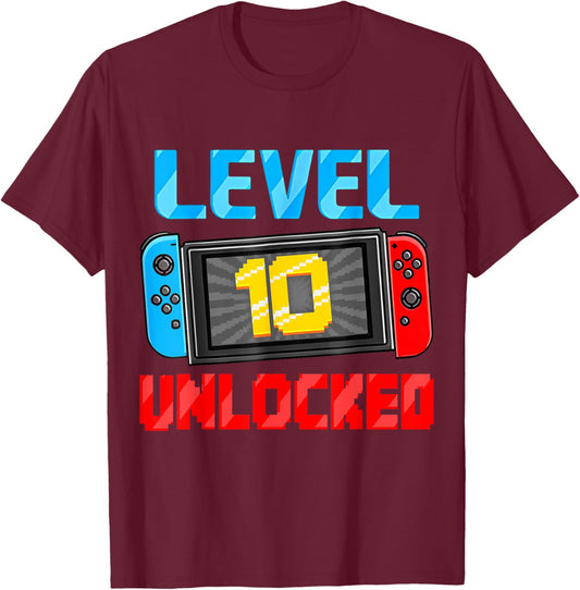 Level 10 Unlocked Gamer 10th Birthday Gift Video Game Boys T-Shirt - T-Shirt | Maroon