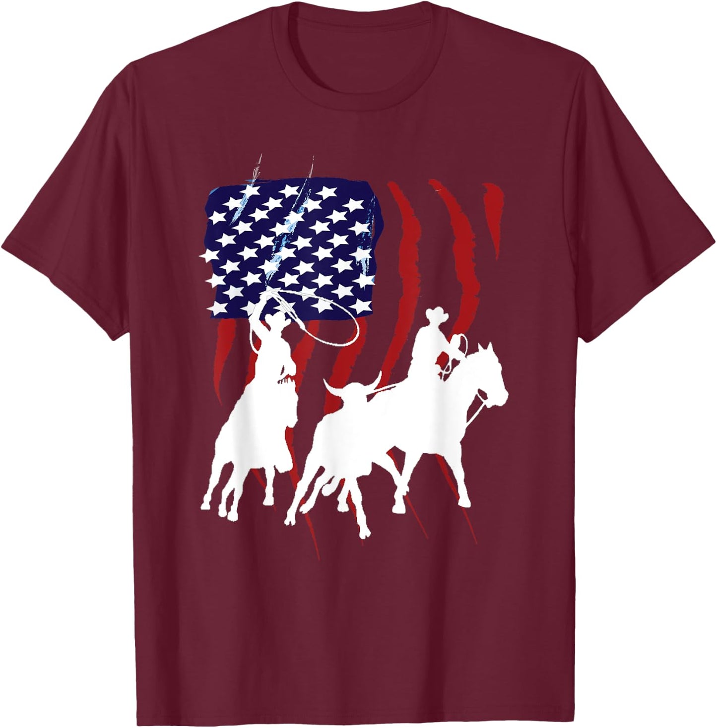 Rodeo Team Roping Distressed Grunge Cowboy American Flag T-Shirt - T-Shirt | Maroon