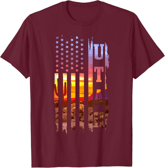 Utah American Flag Pride Landscape Cactus T-Shirt - T-Shirt | Maroon