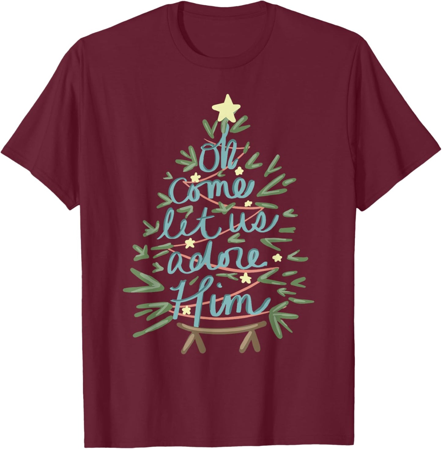 Oh Come Let Us Adore Him Christian Jesus Christmas Pajamas T-Shirt - T-Shirt | Maroon