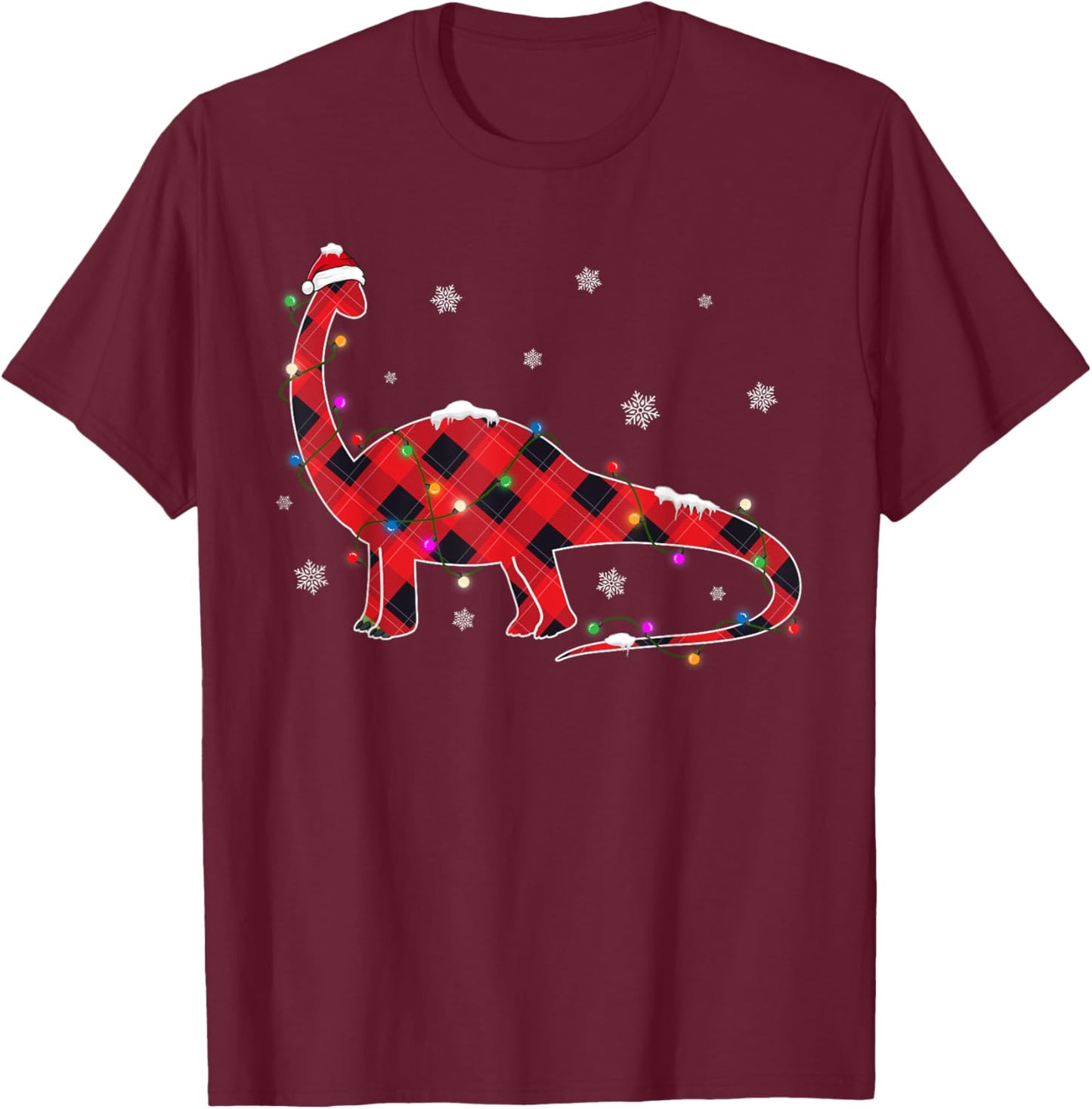 Red Buffalo Plaid T-rex Dinosaur Christmas Tree Lights T-Shirt - T-Shirt | Maroon