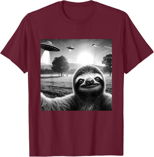Sloth Funny Graphic Selfie with UFOs Weird Aliens T-Shirt - T-Shirt | Maroon