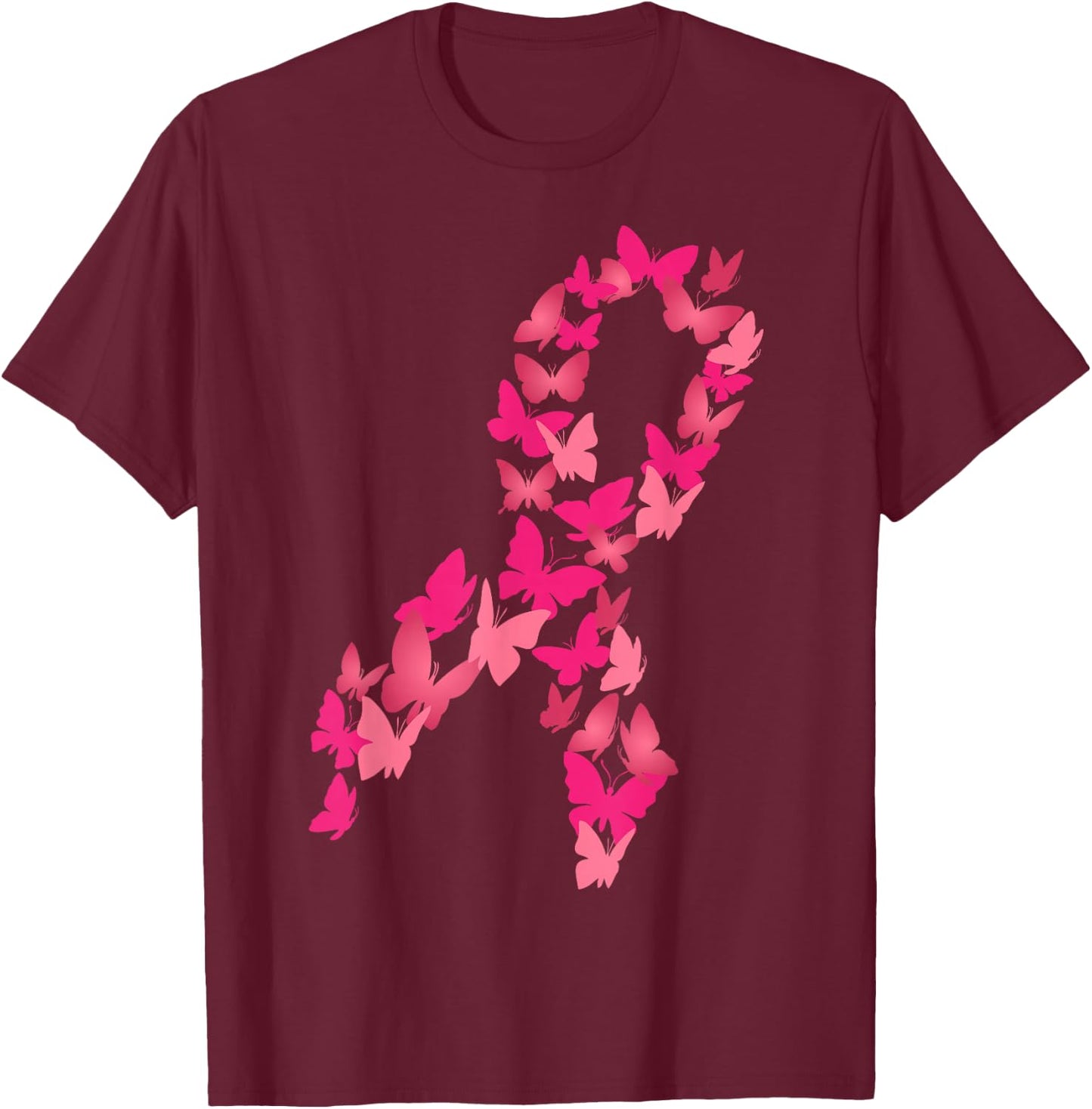 Pink Ribbon Butterfly Cute Breast Cancer Awareness Gift T-Shirt - T-Shirt | Maroon