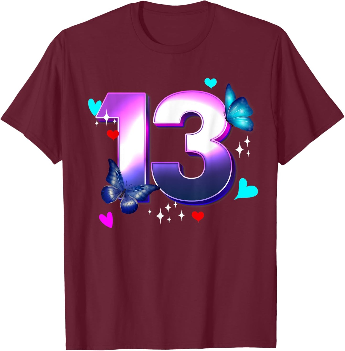 Butterflies - Girls and Boys - 13 Years old - Turn Thirteen T-Shirt - T-Shirt | Maroon
