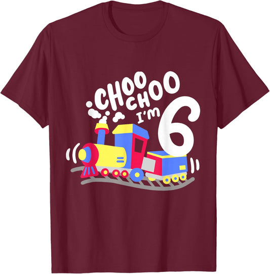 6th Train Birthday Party Choo Choo I'm 6 Six Years Old Boys T-Shirt - T-Shirt | Maroon