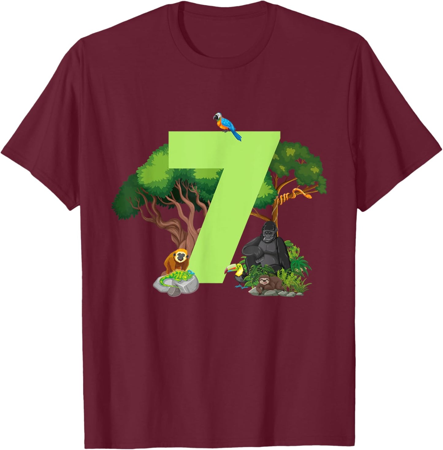 7th Birthday Jungle Animals Safari Rainforest 7 Year Old T-Shirt - T-Shirt | Maroon