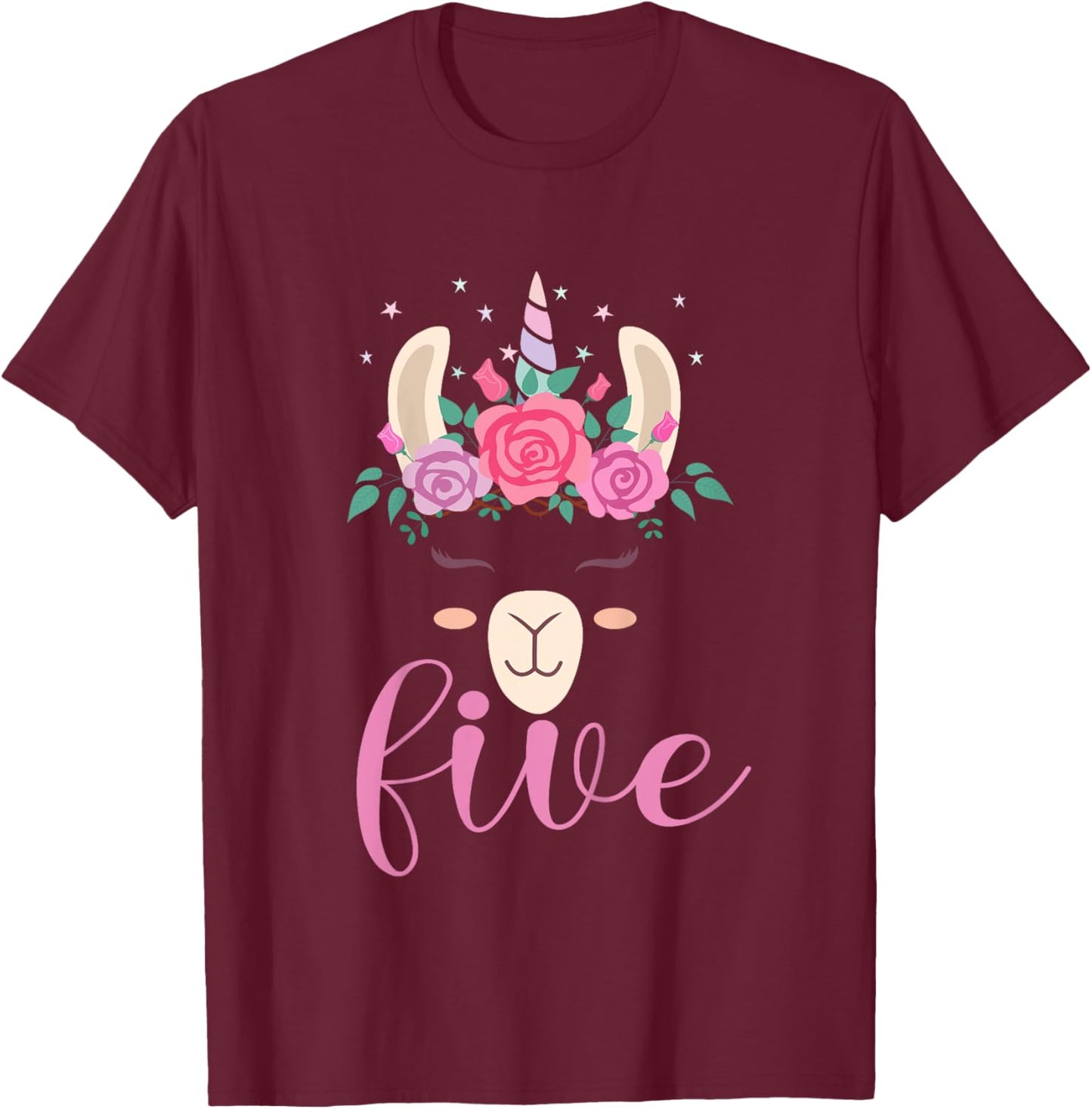 Kids 5 year Old Llamacorn Birthday Party Llama Unicorn 5th Gift T-Shirt - T-Shirt | Maroon