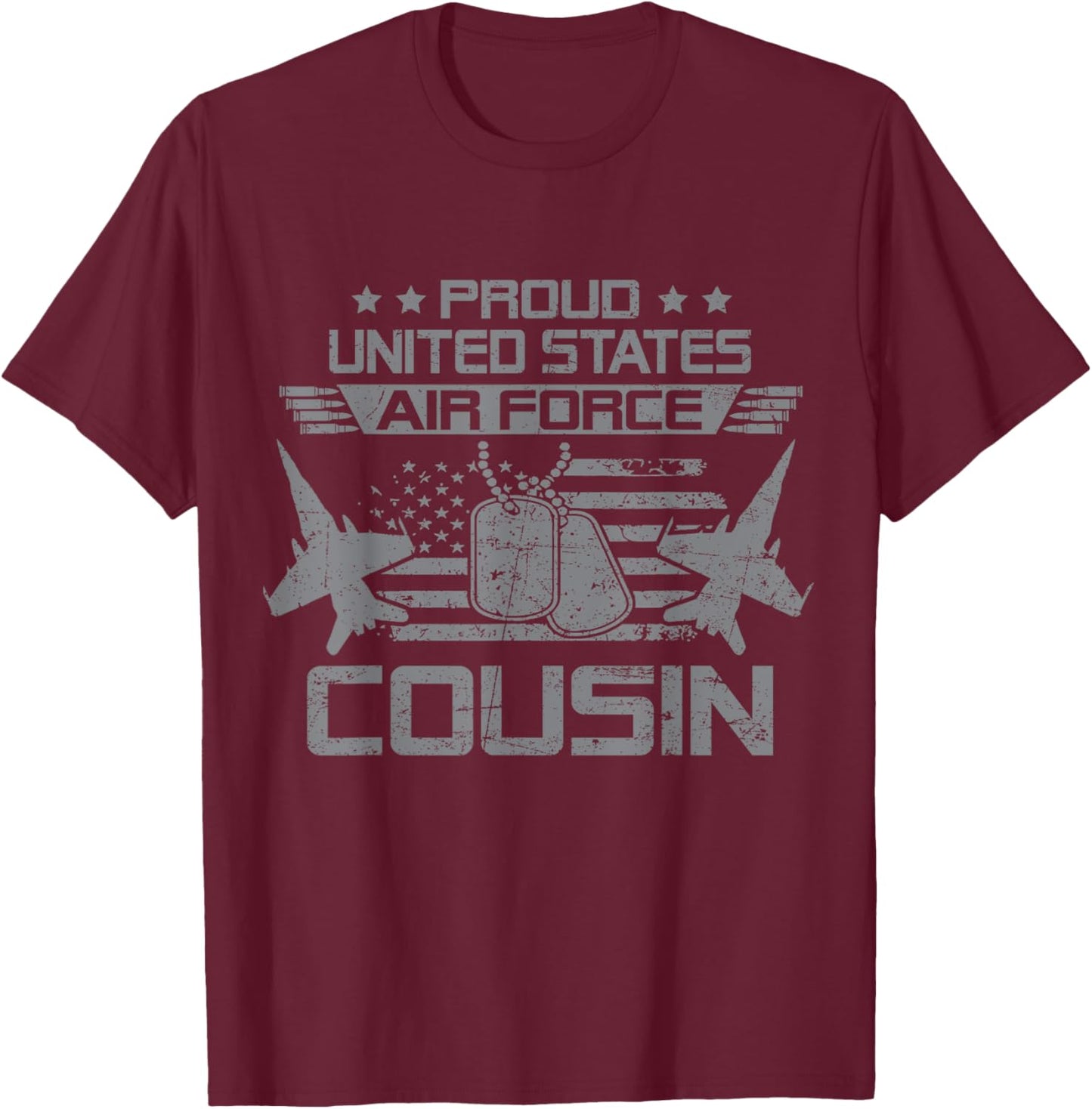 Proud Army US Air Force Cousin Flag USA Military Veteran T-Shirt - T-Shirt | Maroon